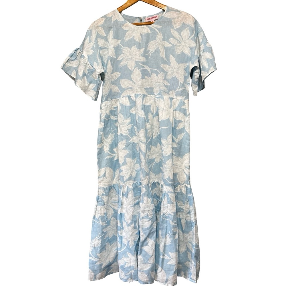 Seraphina Blue Floral Midi Dress Medium Cottagecore Tiered Ruffle Short Sleeve